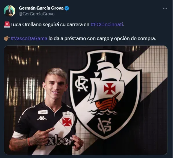 Orellano se va de Vasco da Gama a FC Cincinnati (Twitter @GerGarciaGrova).