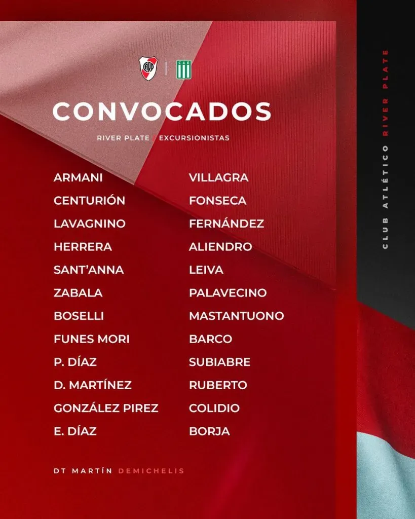 Los convocados de River ante Excursionistas. (Foto: Prensa River)