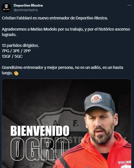 Cristian Fabbiani fue anunciado como nuevo DT de Riestra en las últimas horas (Twitter @prensariestra).