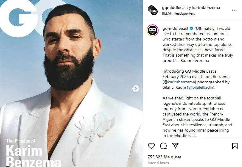 Benzema, portada de la revista GQ Medio Oriente (Instagram @karimbenzema).