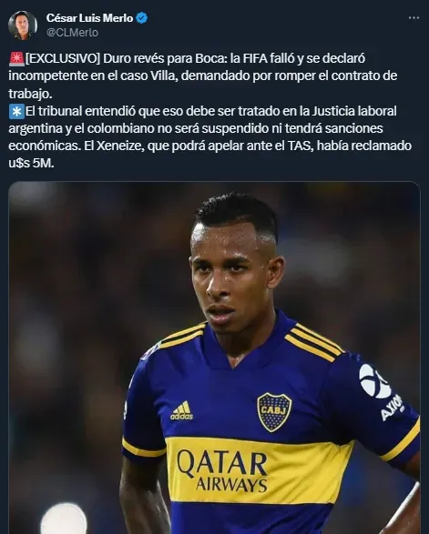 La decisión de FIFA sobre el caso Sebastián Villa (Twitter @CLMerlo).
