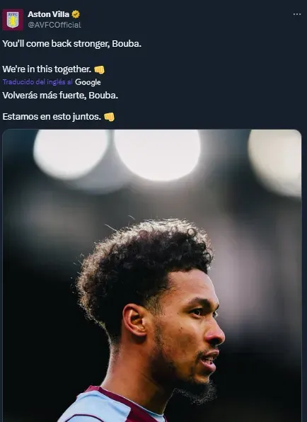 El mensaje de Aston Villa para Kamara (Twitter @AVFCOfficial).