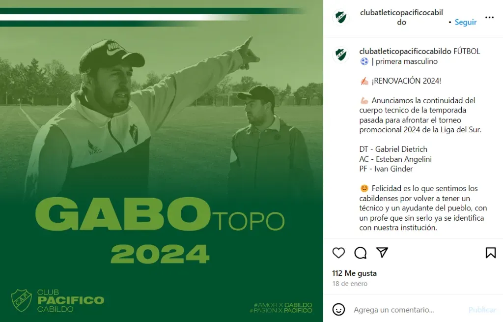 Pacífico ratificó a Dietrich y Angelini como entrenadores.