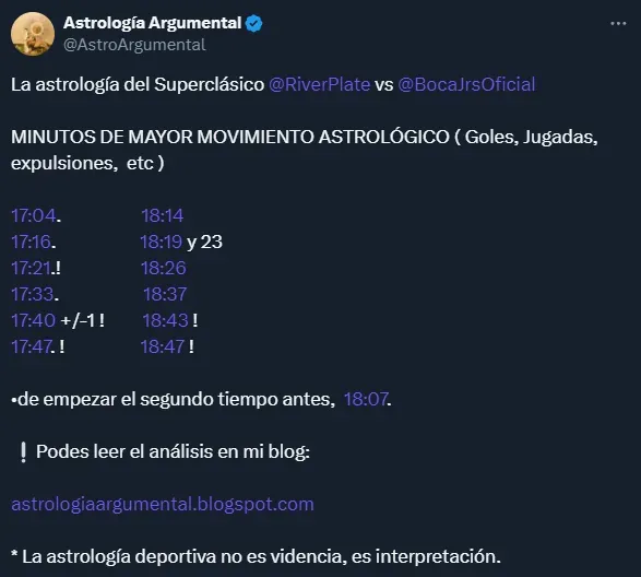 Los horarios exactos de mayor movimiento astrológico para el Superclásico (Twitter @AstroArgumental).
