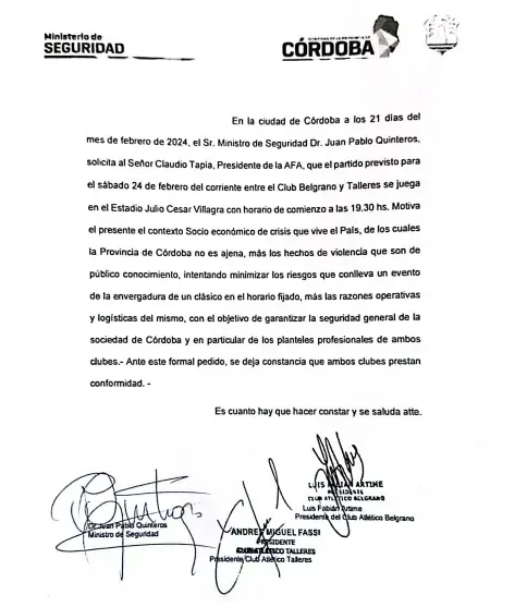 La carta que elaboró el Ministerio de Seguridad de la Provincia de Córdoba para cambiar el horario de Belgrano – Talleres.