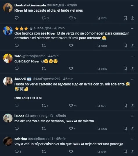 Los comentarios de los hinchas criticando a River ID (Twitter).
