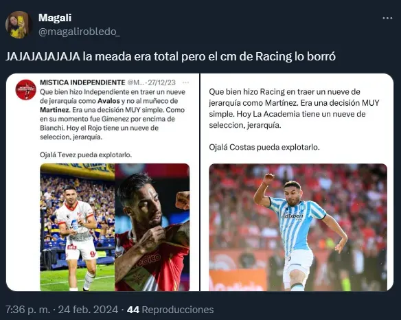 Racing borró la chicana que le había hecho a una cuenta partidaria de Independiente (Twitter).