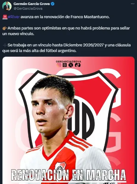 River y Mastantuono negocian una nueva renovación de contrato (Twitter @GerGarciaGrova).