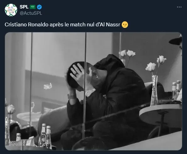 Cristiano Ronaldo y su reacción ante el gol de Al Hazem (Twitter @ActuSPL).