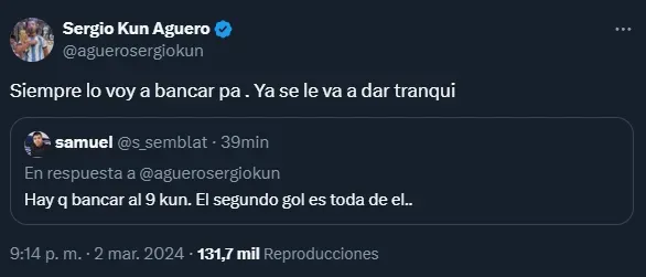 El mensaje de Kun Agüero a Gabriel Ávalos (Twitter @aguerosergiokun).