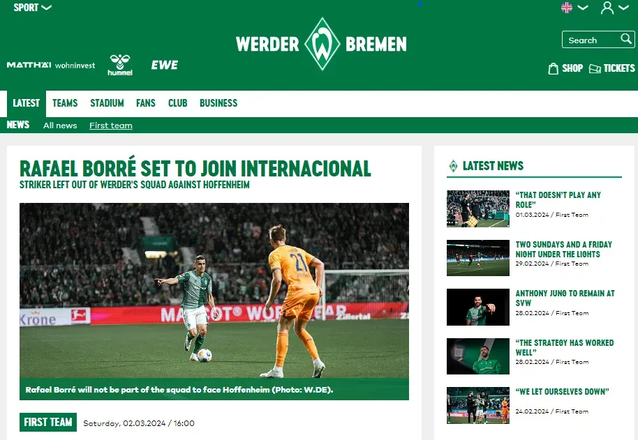 Werder Bremen anunció la salida de Borré a Inter (web oficial Werder Bremen).