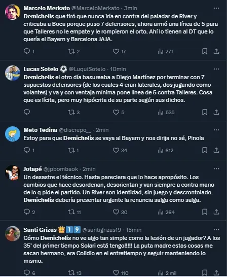 Los comentarios más duros ante Talleres contra Demichelis (Twitter).