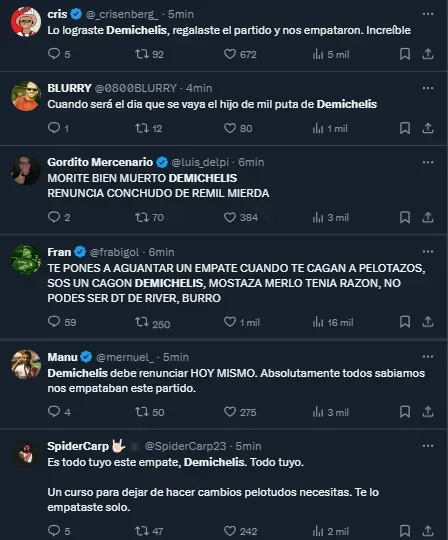 Las críticas a Demichelis por el empate ante Talleres (Twitter).