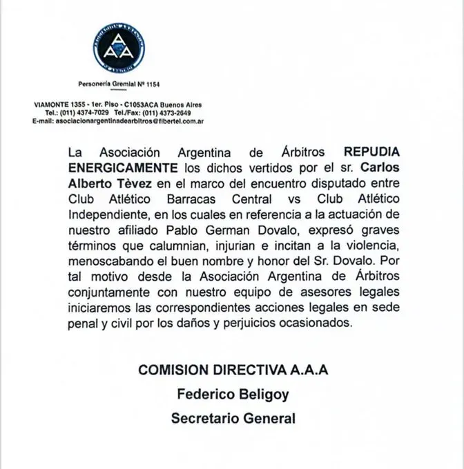El comunicado con la firma de Beligoy contra Tevez (Asociación Argentina de Árbitros).