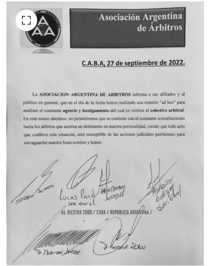 La circular que mandó Beligoy tras el partido de Barracas vs. Independiente (Asociación Argentina de Árbitros).