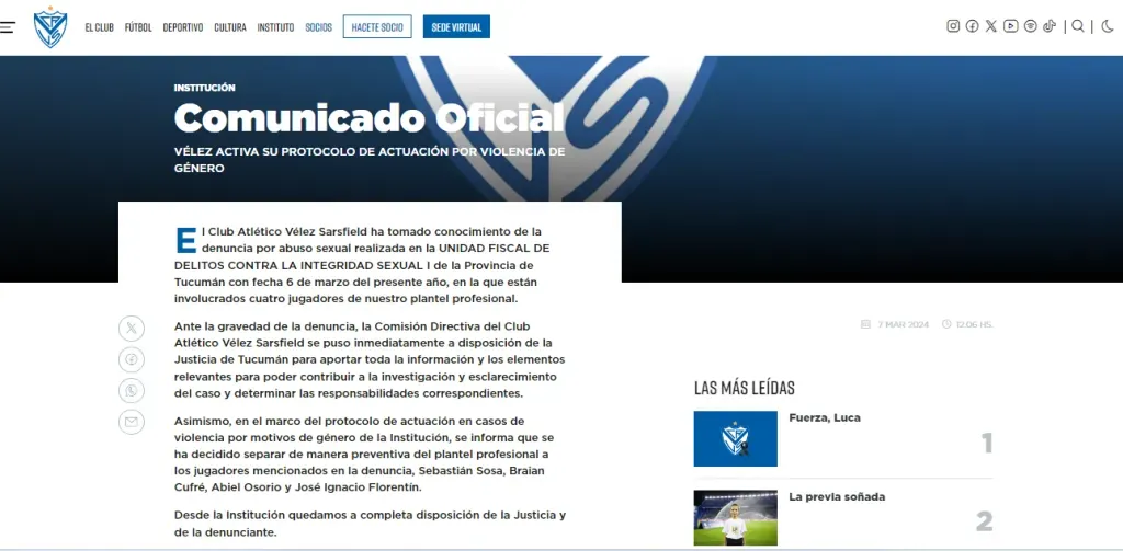 El comunicado oficial de Vélez Sarsfield.