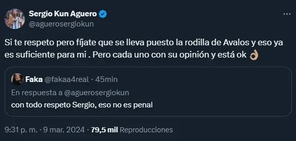 La opinión de Kun Agüero sobre la jugada del penal no cobrado (Twitter @aguerosergiokun).