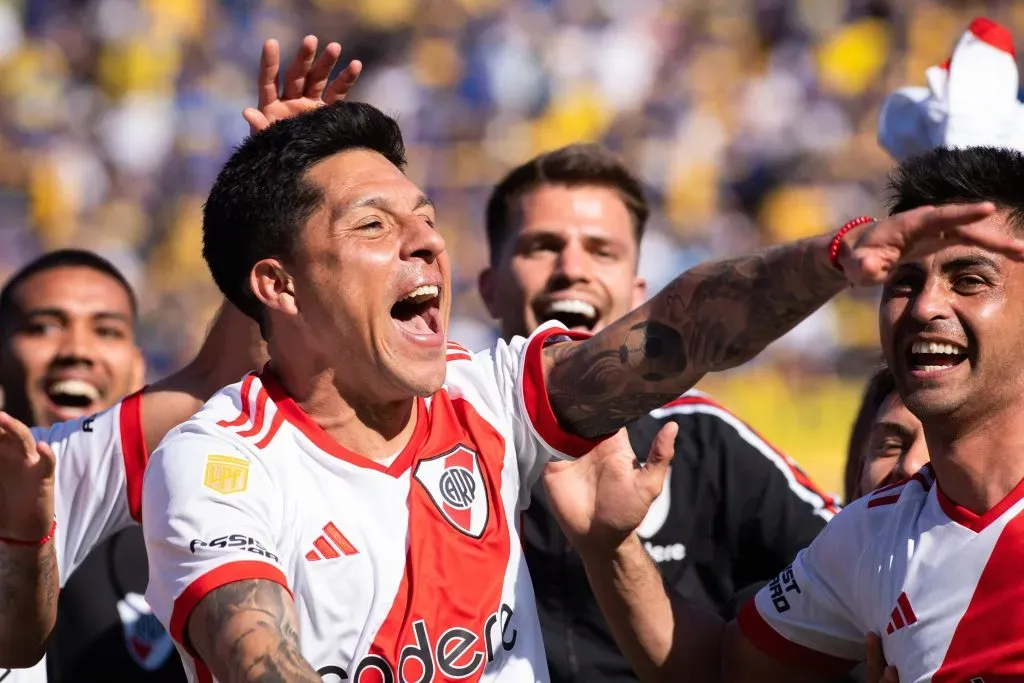 Enzo Pérez celebrando el triunfo ante Boca en su último Superclásico. (Getty Images)