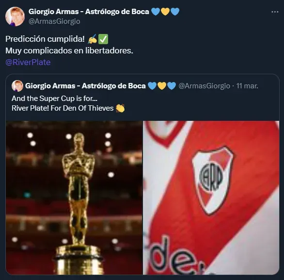Giorgio Armas ve complicado a River en la Libertadores (Twitter @ArmasGiorgio).