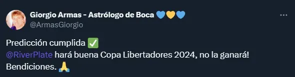 La predicción de Armas sobre River y la Libertadores en 2023 (Twitter @ArmasGiorgio).