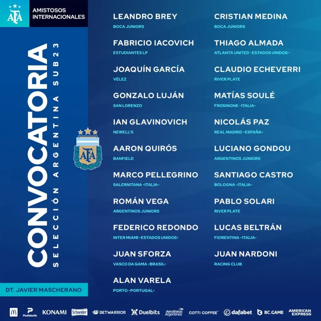 La convocatoria de Mascherano para la Sub 23 (Twitter @Argentina).
