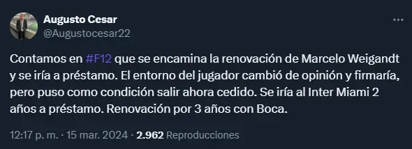 Weigandt renovará con Boca y se irá a Inter Miami a préstamo (Twitter @Augustocesar22).