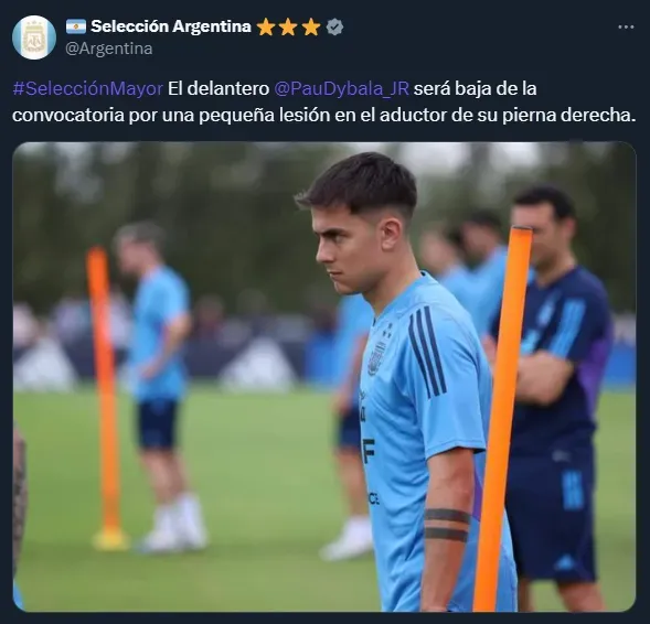 Dybala, baja en la Selección Argentina (Twitter @Argentina).