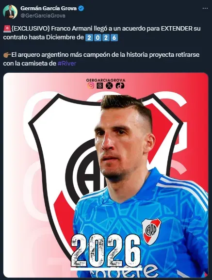 Armani renovará con River hasta diciembre de 2026 (Twitter @GerGarciaGrova).