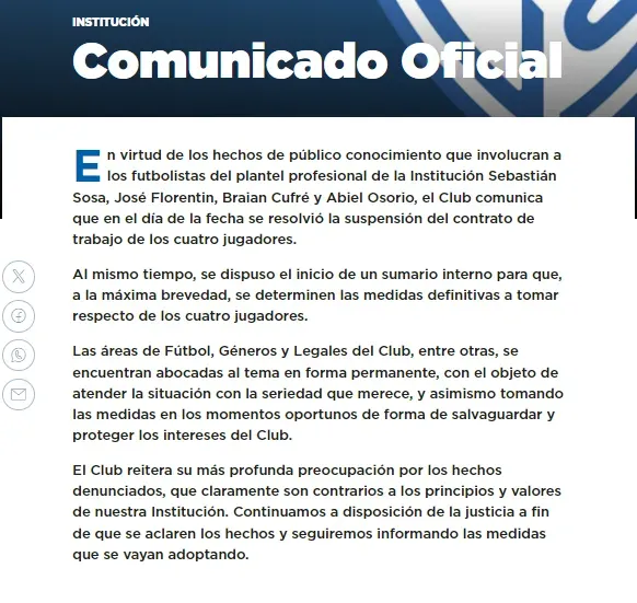 El comunicado de Vélez sobre la suspensión de los contratos (Oficial).