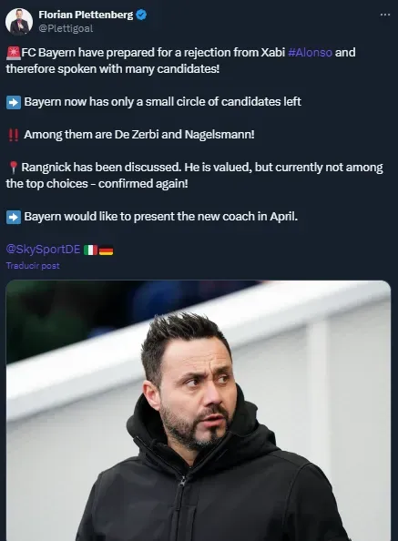 De Zerbi, el gran candidato a dirigir Bayern Múnich (Twitter @Plettigoal).