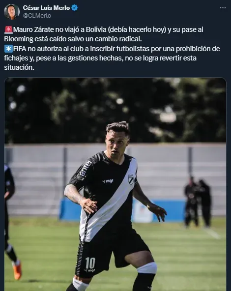 Mauro Zárate no jugará en Blooming (Twitter @CLMerlo).