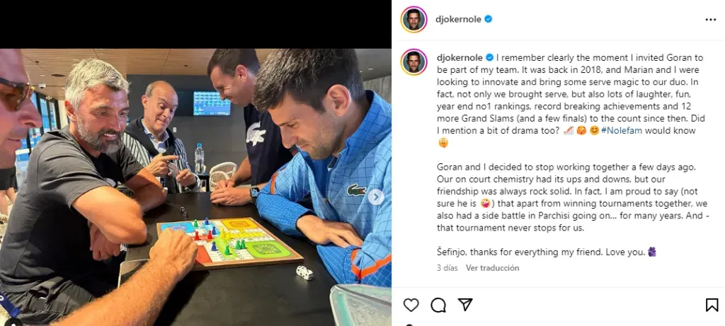 Así anunció Djokovic el final de su vínculo con Ivanisevic (Instagram @djokernole).