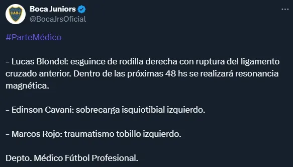 El parte médico de los lesionados tras el partido ante San Lorenzo (Twitter @BocaJrsOficial).