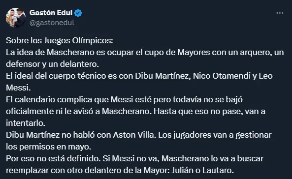Los detalles sobre los jugadores que podrían estar en los Juegos Olímpicos (Twitter @gastonedul).