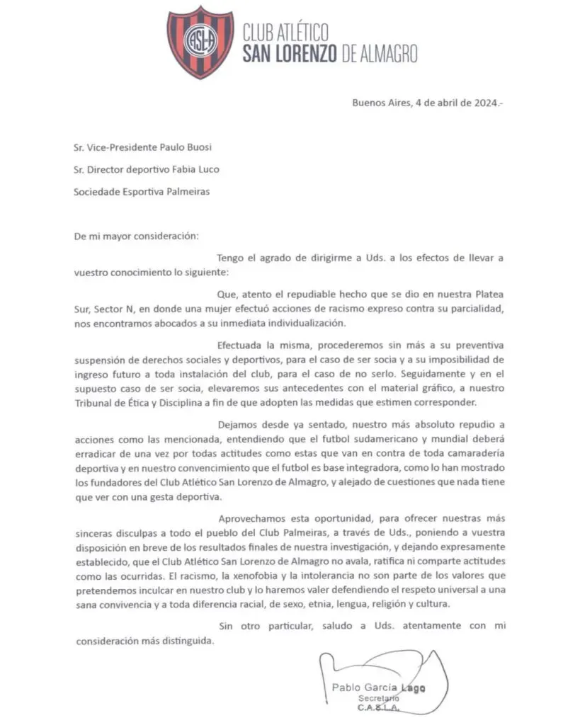 La carta de San Lorenzo a Palmeiras. (Foto: @SanLorenzo)