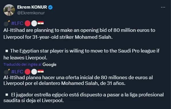 Al Ittihad prepara su primera oferta por Mohamed Salah (Twitter @Ekremkonur).