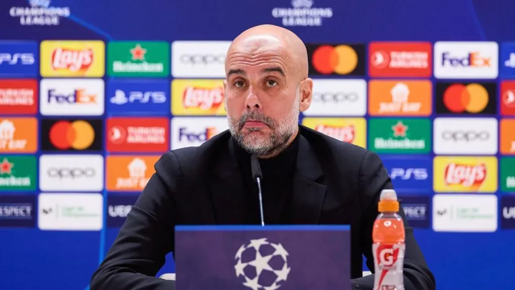 Pep Guardiola, durante la conferencia de prensa previa al partido ante Real Madrid (IMAGO / SOPA Images).