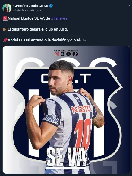 Nahuel Bustos se va de Talleres (Twitter @GerGarciaGrova).