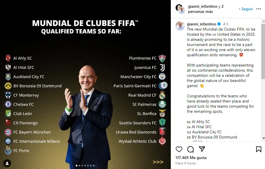 FIFA confirmó los clubes clasificados al Mundial de Clubes 2025 (Instagram @gianni_infantino).