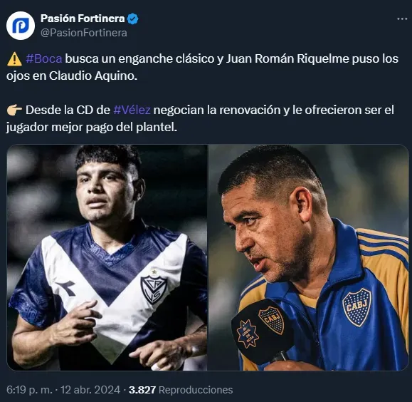 Riquelme piensa en Claudio Aquino como refuerzo para Boca (Twitter @PasionFortinera).