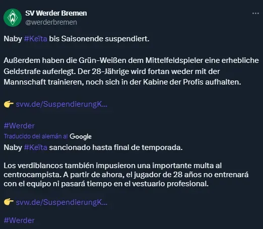 La sanción a Naby Keita del Werder Bremen (Twitter @werderbremen).