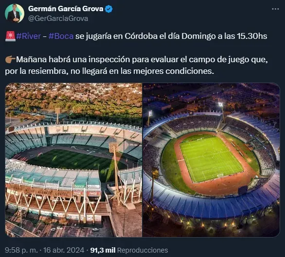 La sede, el día y el horario del River vs. Boca (Twitter @GerGarciaGrova).