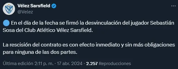 Sebastián Sosa rescindió contrato con Vélez (Twitter @Velez).