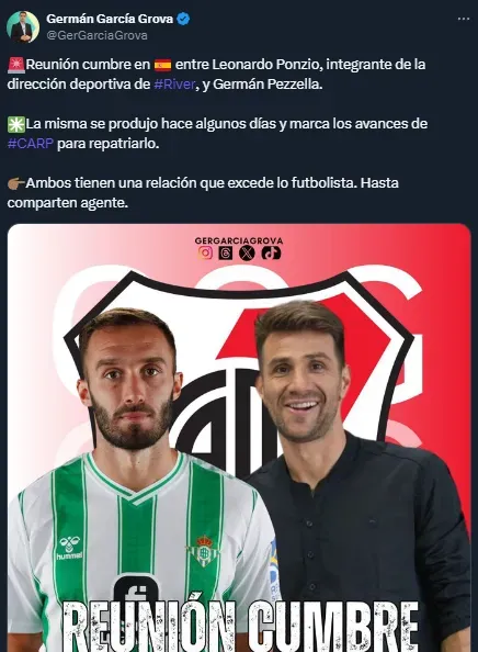 Reunión River-Pezzella para que regrese en junio (Twitter @GerGarciaGrova).