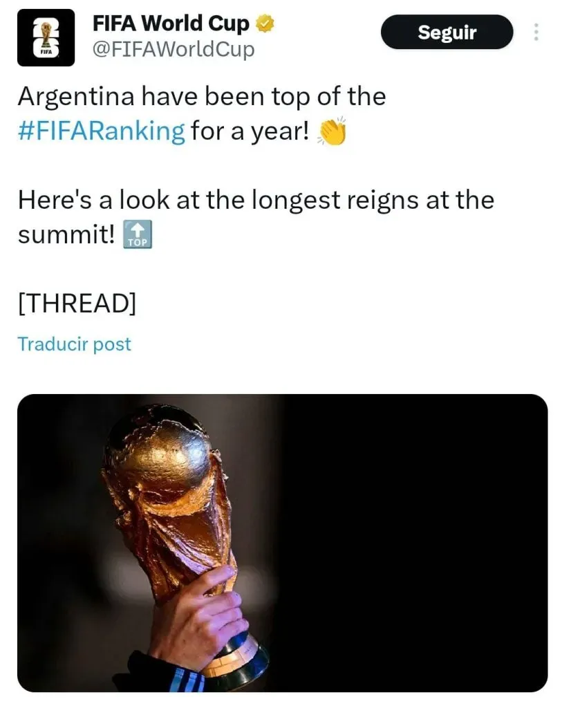 La publicación con la que FIFA reconoció el año de Argentina siendo líder del Ranking de selecciones.