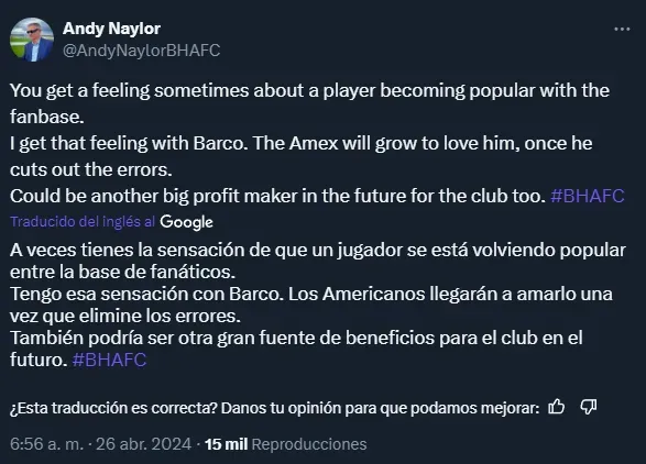 La opinión sobre el debut del Colo Barco (Twitter @AndyNaylorBHAFC).