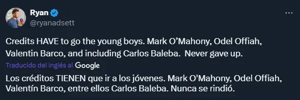 El elogio a la actitud del Colo Barco pese a la derrota (Twitter @ryanadsett).