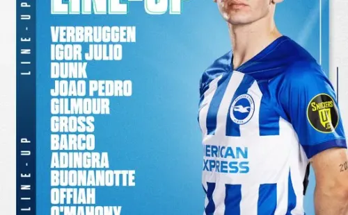 Albion's team graphic featuring Billy Gilmour in our home kit:

Verbruggen, Igor Julio, Dunk, Joao Pedro, Gilmour, Gross, Barco, Adingra, Buonanotte, Offiah, O'Mahony. Subs: Steele, Webster, Enciso, Lallana, Moder, Welbeck, Baleba, Fati, Veltman. 

Come on Albion!