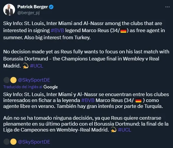 Inter Miami y Al Nassr, entre los interesados por Reus (Twitter @berger_pj).