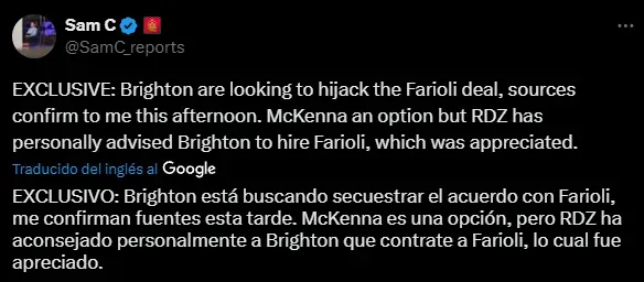 Farioli, el recomendado por De Zerbi para Brighton (X @SamC_reports).